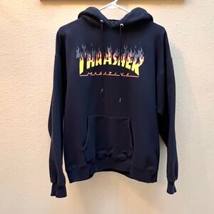 Thrasher Magazine Skateboard Hoodie Black Flame Logo Sweatshirt Size M